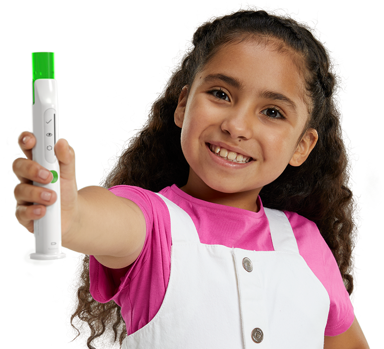 Girl smiling while holding SKYTROFA auto-injector.